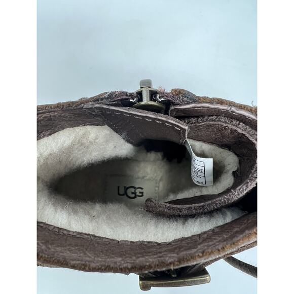UGG Jaidyn boots size 8 Brown Leather Booties Buckle Lace Side Zip Sherpa Lined - Picture 13 of 15